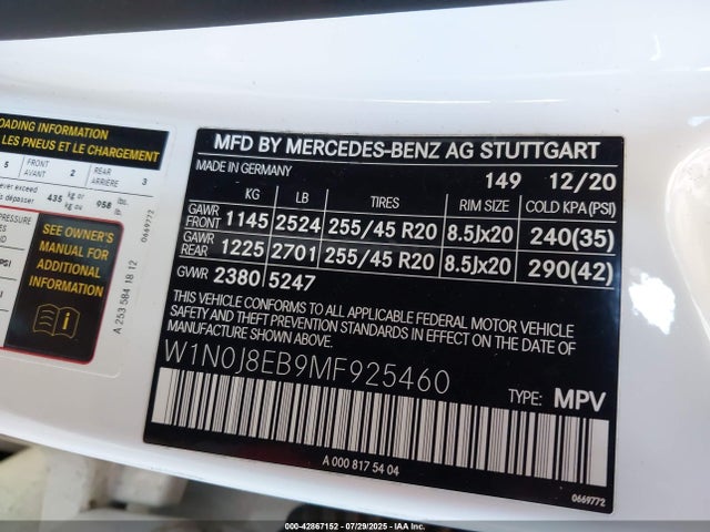 W1N0J8EB9MF925460 Mercedes-Benz m264