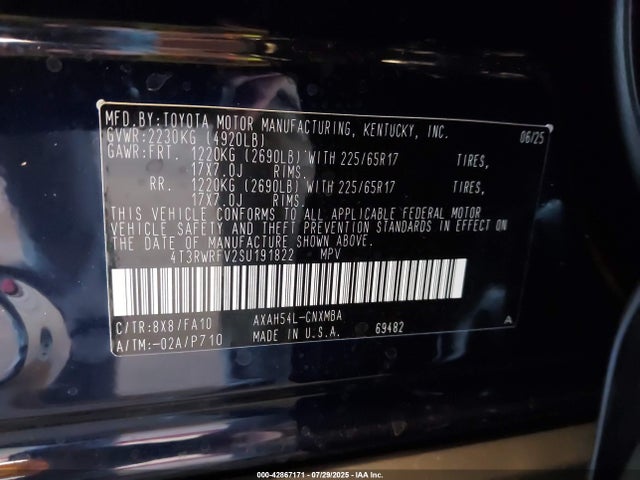 4T3RWRFV2SU191822 Toyota a25a-fxs