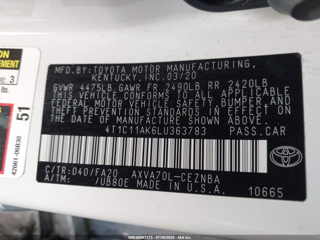 4T1C11AK6LU363783 Toyota a25a-fks