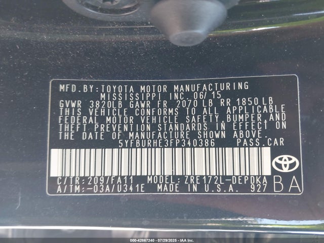 5YFBURHE3FP340386 Toyota 2zr-fe