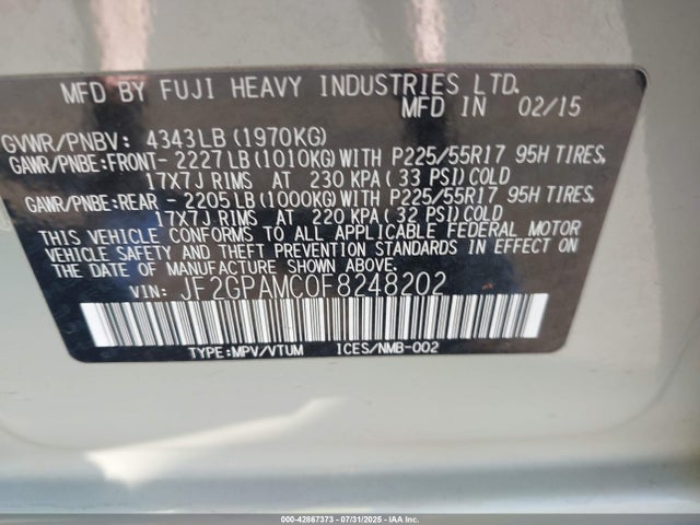 JF2GPAMC0F8248202 Subaru 2.0l naturally aapirated