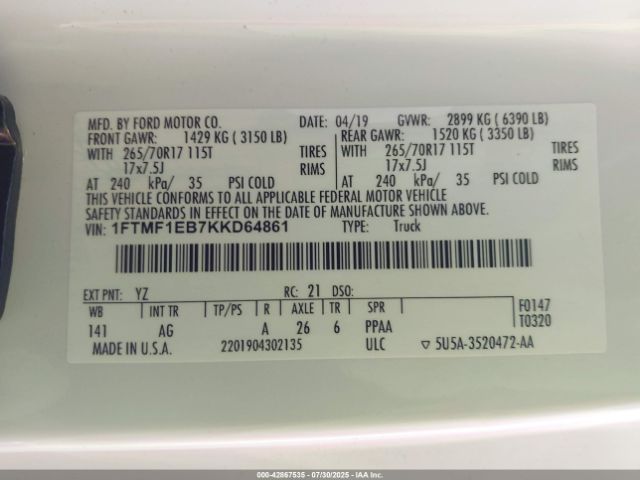 2019 FORD F-150 1FTMF1EB7KKD64861 Photo 8