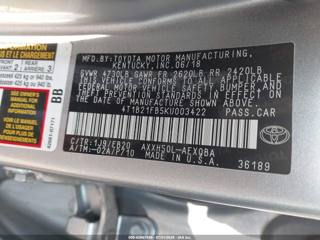 Toyota a25a-fxs, 3nm 2019 4T1B21FB5KU003422 Image 9