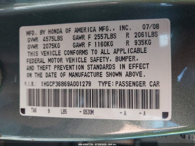 2009 HONDA ACCORD SDN 1HGCP36869A001279 Photo 8
