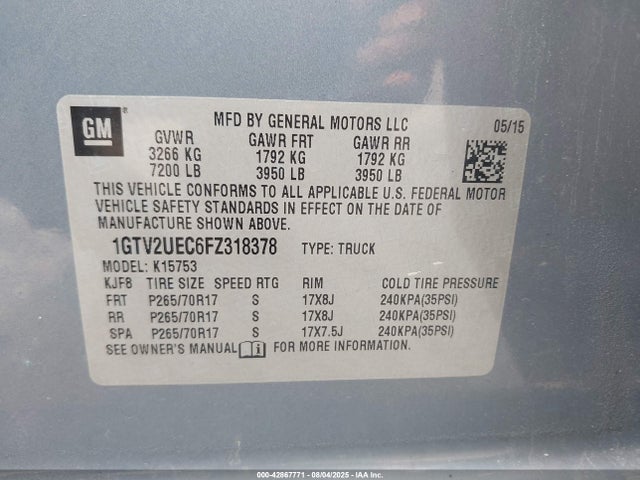 1GTV2UEC6FZ318378 GMC l83 - vvt, active fuel management, aluminum