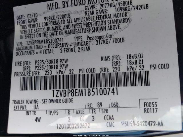 2011 FORD MUSTANG 1ZVBP8EM1B5100741 Photo 8