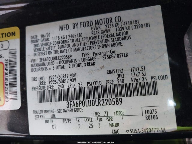 Ford 2.0l 4v atk hev 2020 3FA6P0LU0LR220589 Image 9