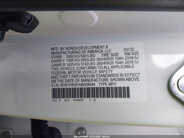 Honda j35y6 2022 5FNYF8H01NB008444 Image 9