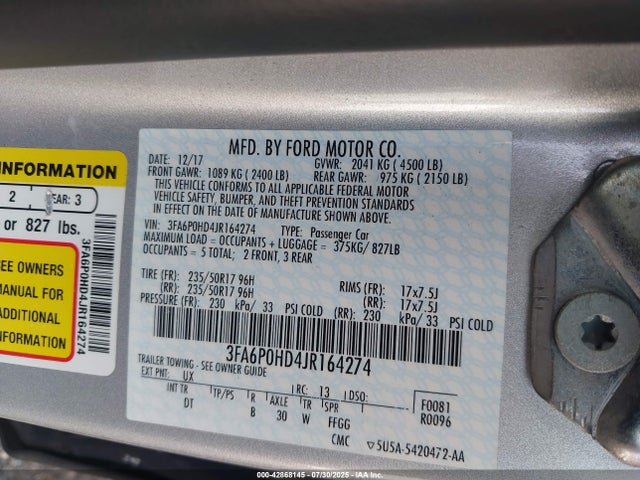 42868145 :رقم المزاد ، 3FA6P0HD4JR164274 vin ، 2018 Ford Fusion Se مزاد بيع