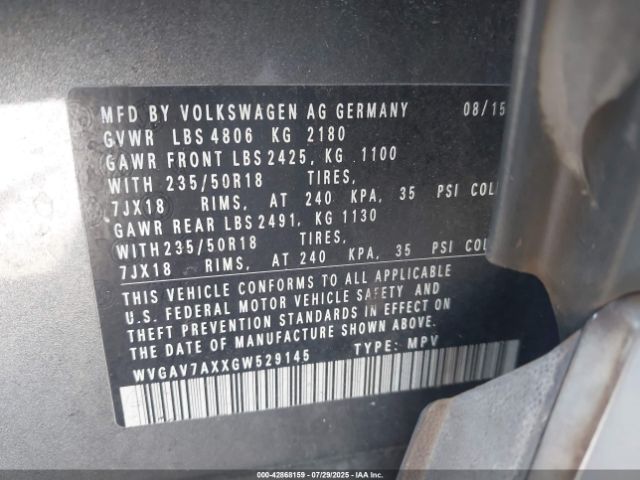 2016 VOLKSWAGEN TIGUAN WVGAV7AXXGW529145 Photo 8
