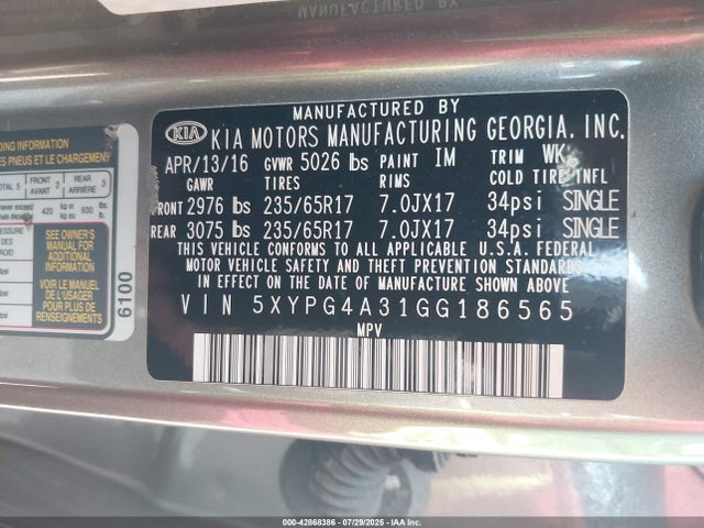 5XYPG4A31GG186565 KIA dohc gdi theta ii