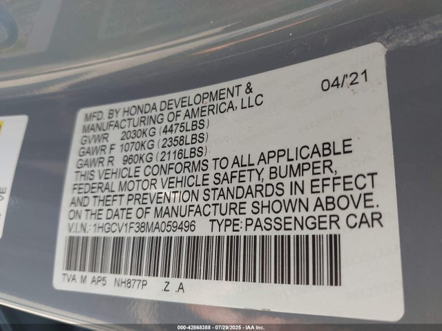 1HGCV1F38MA059496 Honda l15be