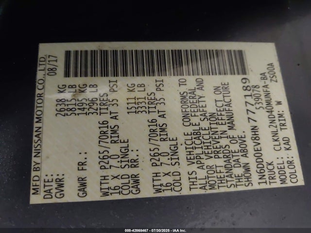 1N6DD0EV8HN777189 Nissan 2017