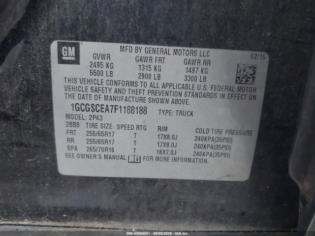 1GCGSCEA7F1188188 Chevrolet lcv - sidi; dcvcp; vvt; e0-e100, alum