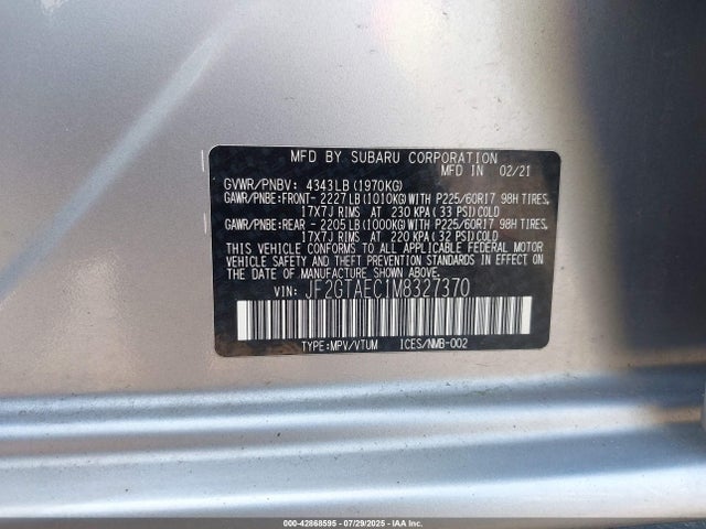 Subaru na 2021 JF2GTAEC1M8327370 Image 9