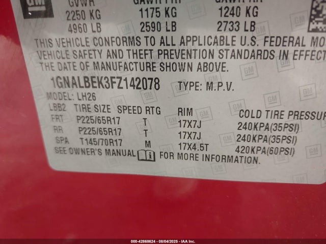1GNALBEK3FZ142078 Chevrolet lea - flex fuel (gas/alc), aluminum, ho,