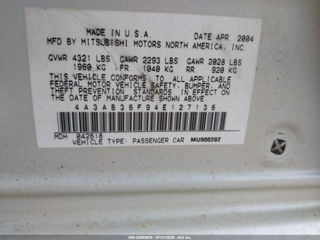 2004 MITSUBISHI GALANT 4A3AB36F94E127136 Photo 8