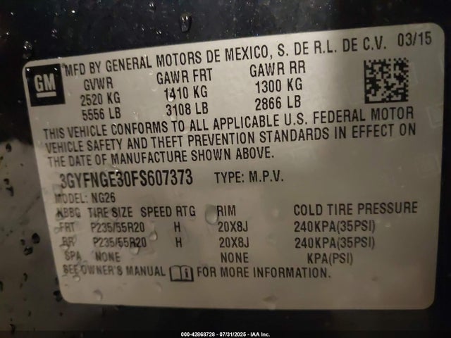 2015 CADILLAC SRX 3GYFNGE30FS607373 Photo 8