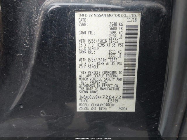 42868991 :رقم المزاد ، 1N6AD0EV9KN726472 vin ، 2019 Nissan Frontier Pro-4x مزاد بيع
