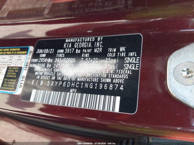 2022 Kia Telluride S მანქანა იყიდება აუქციონზე, vin: 5XYP6DHC1NG196874, აუქციონის ნომერი: 42869009