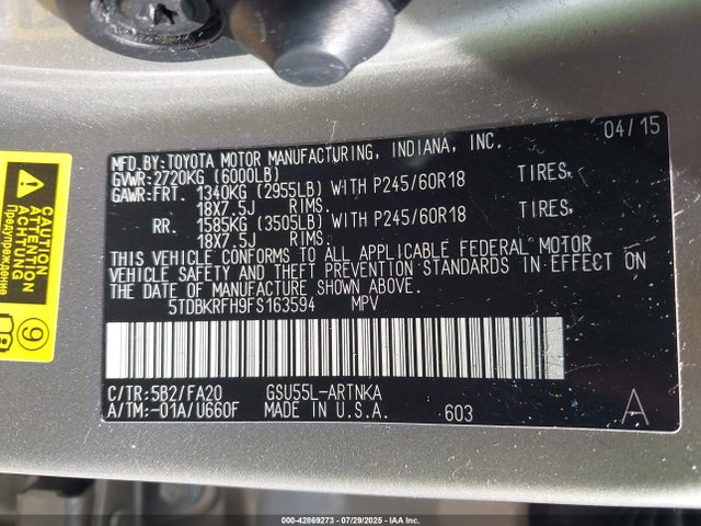 Toyota Highlander Le Plus V6 2015 5TDBKRFH9FS163594 Image 9