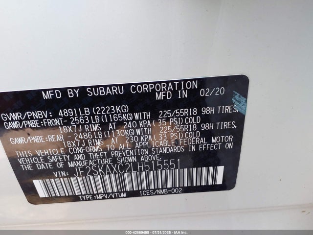JF2SKAXC2LH515551 Subaru naturally aspirated u5