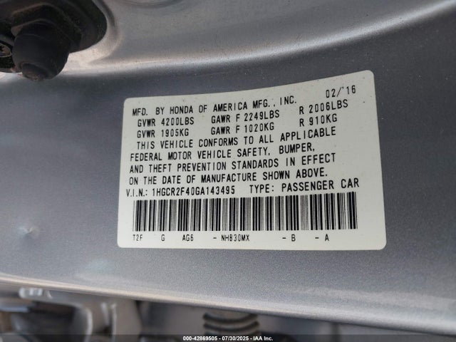 1HGCR2F40GA143495 Honda k24w1