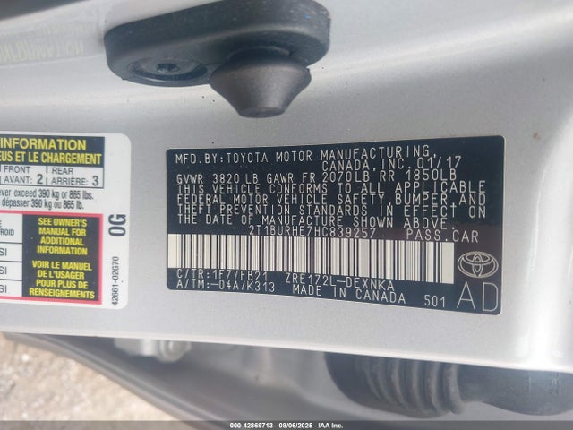 Toyota 2zr-fe 2017 2T1BURHE7HC839257 Image 9
