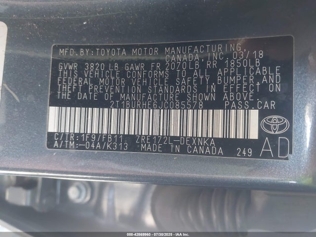 2T1BURHE6JC085578 Toyota 2zr-fe