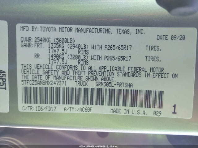 5TFCZ5AN8MX247371 Toyota 2gr-fks