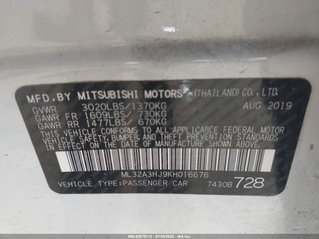 2019 MITSUBISHI MIRAGE ML32A3HJ9KH016676 Photo 8