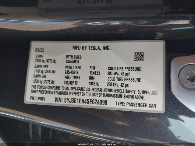 2025 TESLA MODEL 3 5YJ3E1EA4SF024098 Photo 8