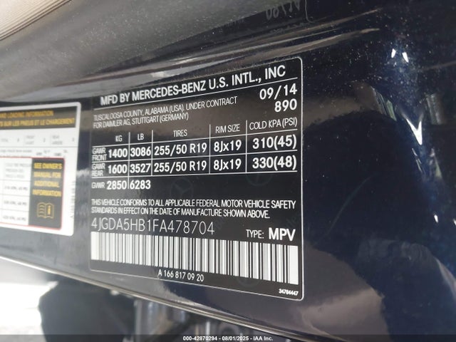 42870294 :رقم المزاد ، 4JGDA5HB1FA478704 vin ، 2015 Mercedes-benz Ml 350 4matic مزاد بيع