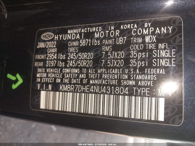 KM8R7DHE4NU431804 Hyundai gdi lambda ii