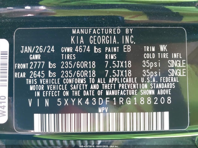 5XYK43DF1RG188208 KIA gdi theta iii