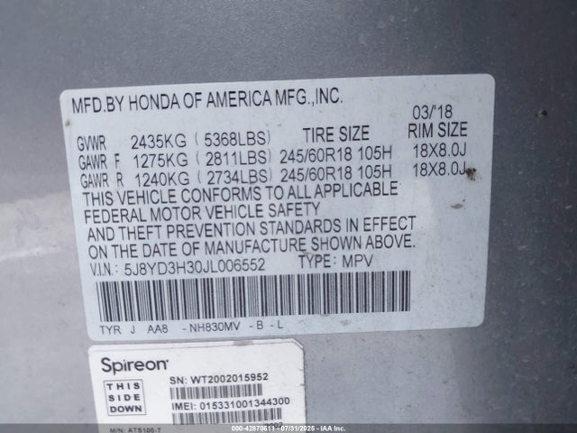 5J8YD3H30JL006552 Acura j35y5
