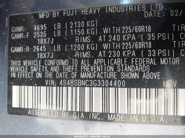 4S4BSBNC3G3304400 Subaru 2.5l u6
