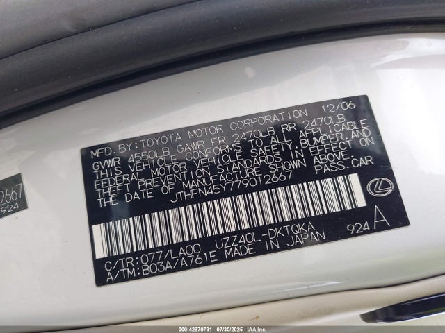42870791 :رقم المزاد ، JTHFN45Y779012667 vin ، 2007 Lexus Sc 430 مزاد بيع