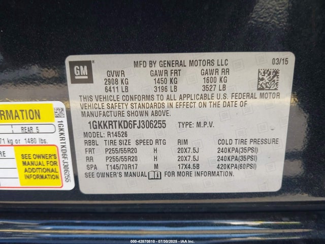 42870810 :رقم المزاد ، 1GKKRTKD6FJ306255 vin ، 2015 Gmc Acadia Denali مزاد بيع