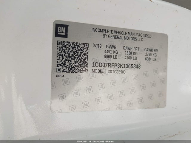 42871116 :رقم المزاد ، 1GD07RFP3K1365348 vin ، 2019 Gmc Savana Cutaway Work Van مزاد بيع