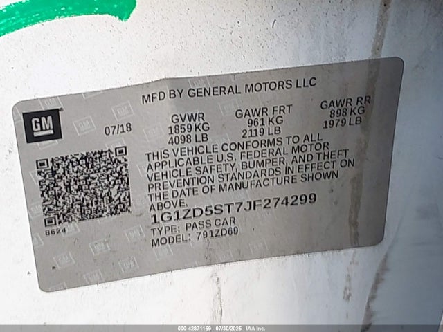 1G1ZD5ST7JF274299 Chevrolet lfv - direct injection, variable valve timing, gen 1