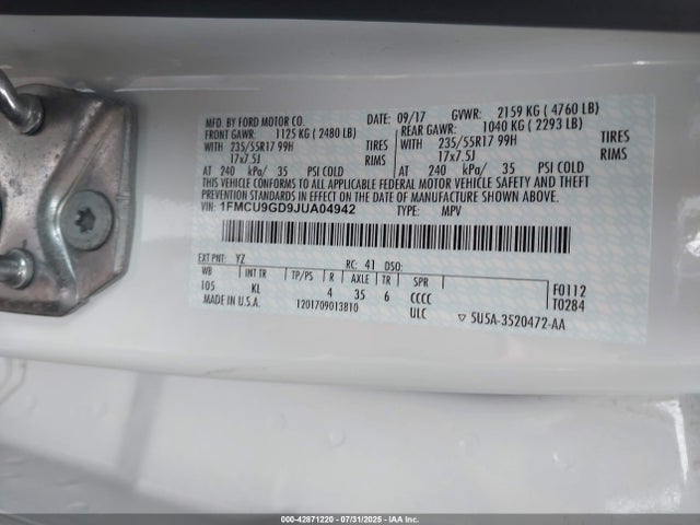 1FMCU9GD9JUA04942 Ford 1.5l gtdi sigma w/premium fuel