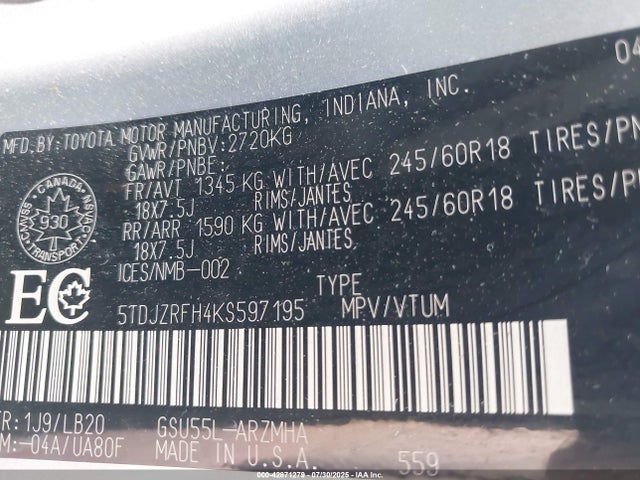 5TDJZRFH4KS597195 Toyota 2gr-fks
