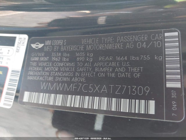 2010 MINI COOPER S WMWMF7C5XATZ71309 Photo 8