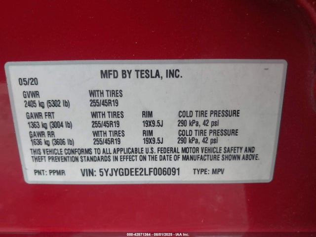 2020 TESLA MODEL Y 5YJYGDEE2LF006091 Photo 8