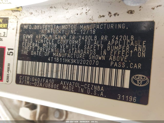 4T1B11HK9KU202070 Toyota a25a-fks
