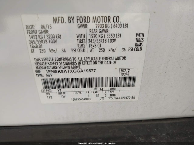 1FM5K8ATXGGA19577 Ford 2016