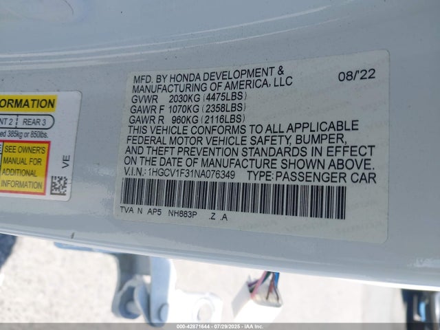 1HGCV1F31NA076349 Honda l15be