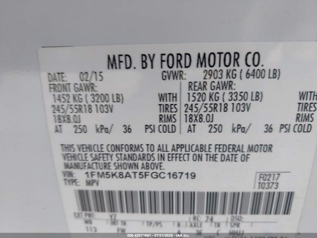 1FM5K8AT5FGC16719 Ford 2015