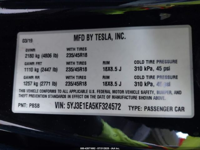 2019 TESLA MODEL 3 5YJ3E1EA5KF324572 Photo 8